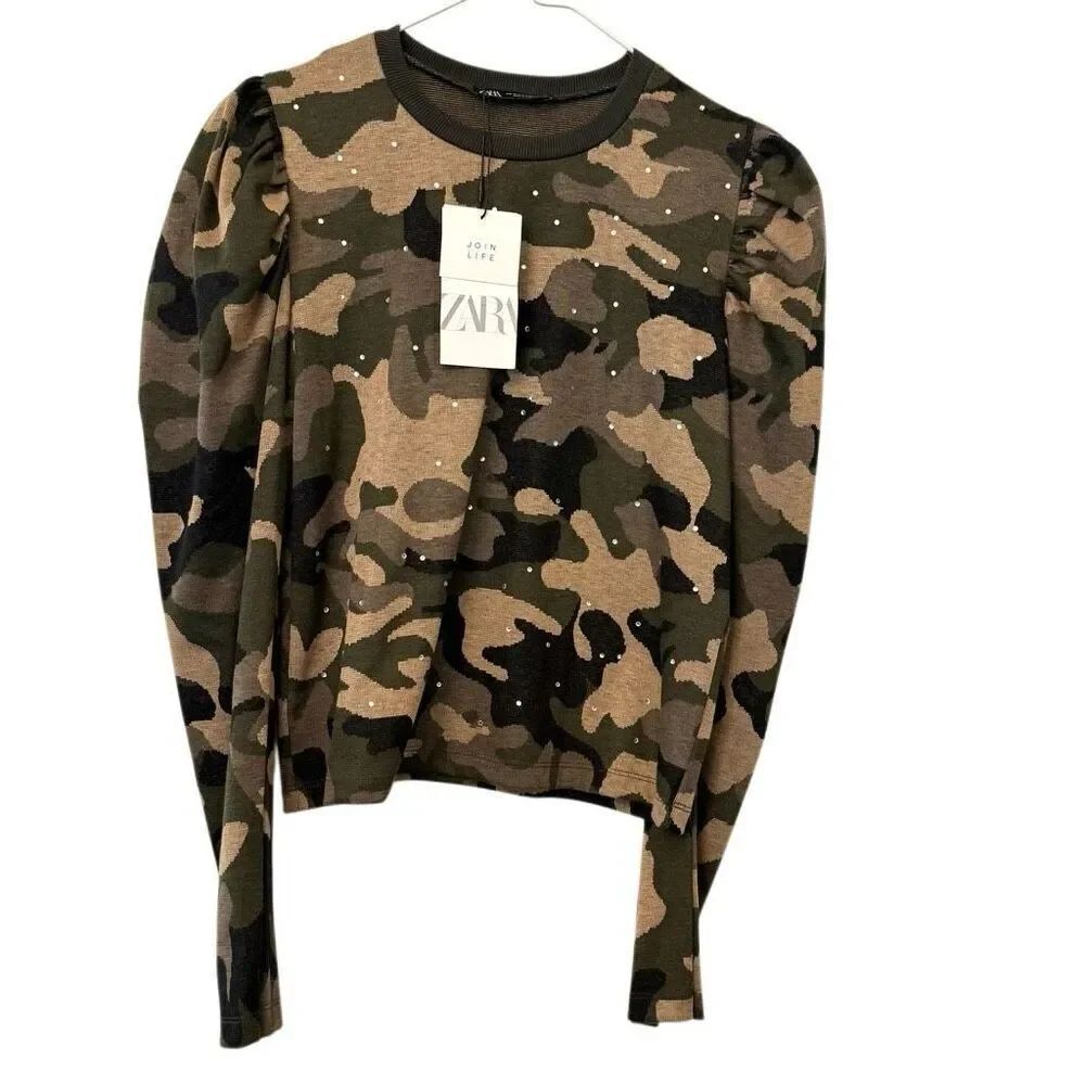 NWT ZARA Camo Print Pearl Knit Embellished Pullover Sweater Green Tan Medium